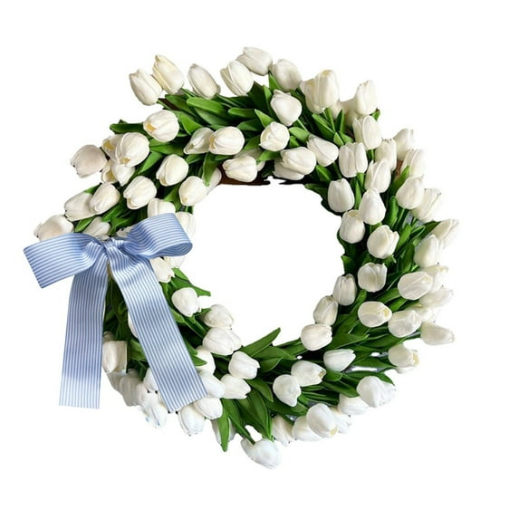 15.74 Inch White Tulip Wreath - Spring Wreath for Front Door, Mother’s Day Decorations, Wedding, and Farmhouse Decor - Elegant Flower Garland for Indoor and Outdoor Use