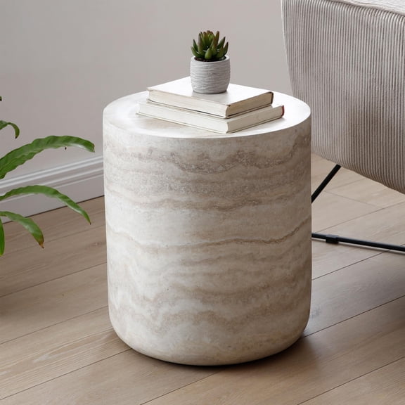 15.74" Small Round Side Table, Faux Marble Stone Coffee Table, French Country Rustic Circle End Table, Modern Minimalist Fiberglass Tea Table for Living Room Apartment Office, No Assembly