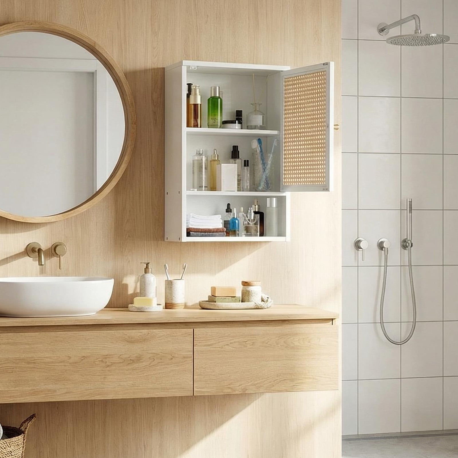 15.74''x 7.87''x 23.62'' Bamboo Bathroom Wall Cabinet with Rattan Door and Adjustable Shelf, Wall Mounted Medicine Cabinet Storage Organizer for Bathroom, Laundry Room, Kitchen, Living Room, White