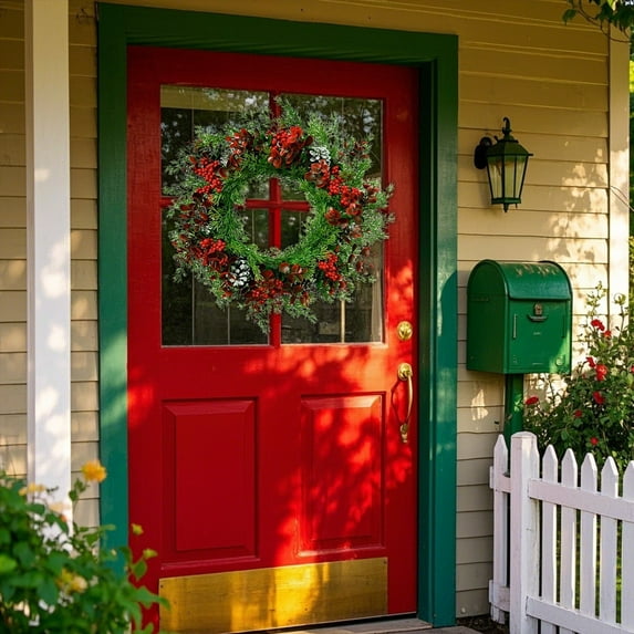 15.74inch Christmas Wreath for Front Door,with Red Berries and Lifelike Pine Cones,for Wall Window Porch Decor,Thanksgiving and Autumn Seasonal Design for Home Party Fireplace Balcony Dining Room