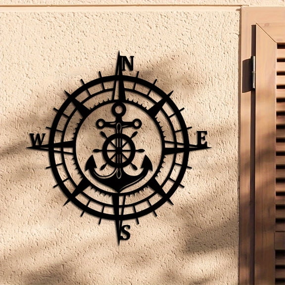 15.74x14.96 Compass Black Gold Nautical Chart Design with Direction Markings North/South/East/West - Nautical Decoration for Home Housewarming Gift - Vintage Navigation Ornament with Crossed Rudder