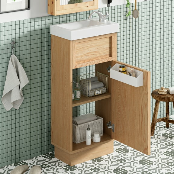 15.75" Bathroom Vanity for Small Spaces**, Reversible Resin Sink & Door, Push-to-Open MDF Cabinet, Adjustable Shelf, Soft-Close Rustic Wood Finish