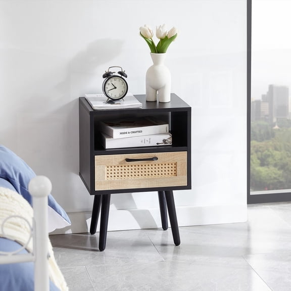 15.75" Black Rattan End Table - Comes with Drawer & Solid Wood Legs - Ideal for Living Room & Bedroom - Side Table