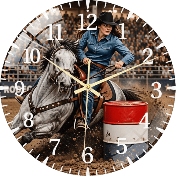 15.75 Inch Barrel Racing- Glass Wall Clock for Cowgirl, Western Barrel Racer- Gift Style 40x40cm