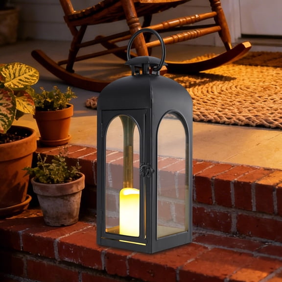 15.75 Inch Black Metal Decorative Lantern with Remote Control Flameless LED Candle Vintage Hanging/Tabletop Light for Patio, Porch, Garden & Indoor Home