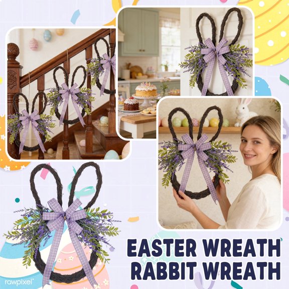 15.75 Inch Bunny Wreath Easter Lavender Bow Floral Rabbit Hanging Accent for Wall Decor