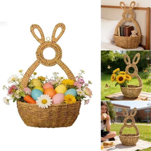 15.75 Inch Easter Bunny Woven Basket Wall Hanging Wooden Rabbit Shaped Wicker Easter Basket Wall Pocket for Flowers Eggs Vegetable Fruit Front Door Wreath Spring Wedding Home Party Decor