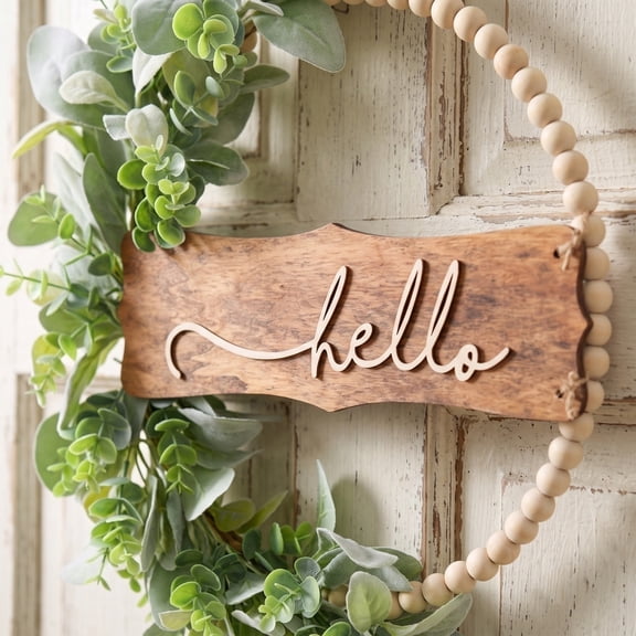 15.75 Inch Eucalyptus Wreath with Hello Sign, Wood Beads Year Round Greenery Wreaths for Front Door Garden Windows Farmhouse Indoors Outdoor Home Decor