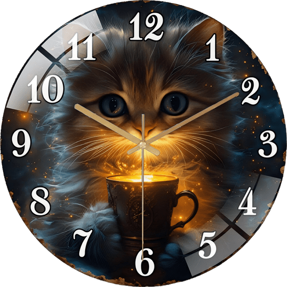 15.75 Inch Fluffy- Kitten with Sparkling Tea Cup Round Glass  Wall Clock, Cozy Fantasy Decor, Silent Quartz Clock Featuring Magical Cat- And Warm Li. (No Battery) 40cm Style 40x40cm
