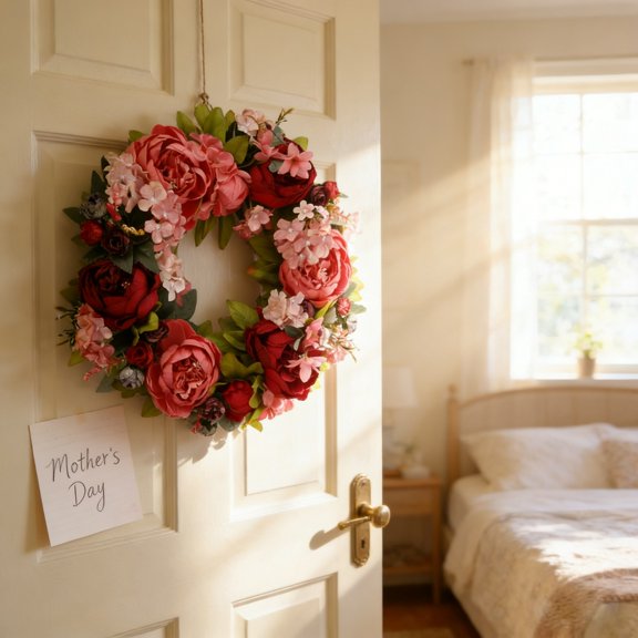 15.75 Inch Front Door Spring Wreath with Artificial Green Leaves & Flowers, Realistic Sturdy Maintenance-Free Garland, Versatile Indoor Outdoor Decor for Home Garden Wall Party