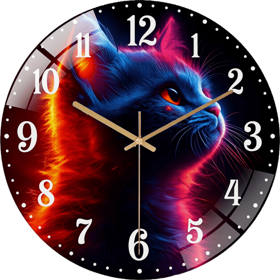 15.75 Inch Glass Silent Wall Clock Neon Glowing Cat- Quartz Analog Clock for Bedroom Bathroom Halloween- New Year Gift 40cm Style 40x40cm(15.75x15.75cm)