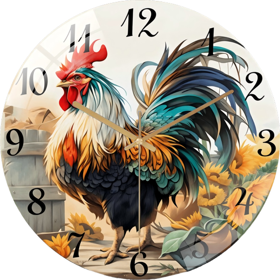 15.75 Inch  Glass Wall Clock, A Rooster And Sunflower Pattern Circular Farmhouse Wall Clock, Silent Clock, Home Decor(Battery Not Included), 40cm