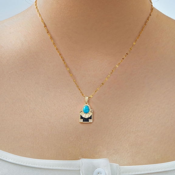 15.75 Inch Golden Brass Oval Pendant Necklace with Clear Cubic Zirconia and Black Enamel Rectangle