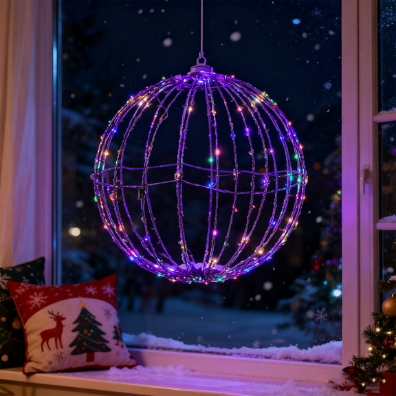 15.75 Inch LED Christmas Light Ball Sphere Foldable Hanging Decoration Lighted Globe Holiday Outdoor Decor Festive Xmas Fairy Lights Window Display