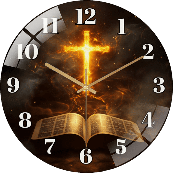 15.75 Inch Mystical Bible- Cross- Glass  Wall Clock with Flame Effect & Open Book Design - Silent Non-Ticking Large Easy-Read Black Hands (Battery Not Included), 40cm