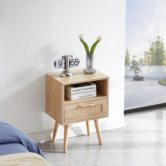 15.75-Inch Rattan End Table with Drawer and Solid Wood Legs, Modern Nightstand Bedside Side Table with Storage, Rectangle Accent Table for Living Room Bedroom, Natural