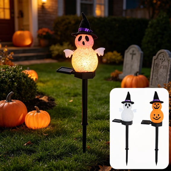 15.75 Inch Solar Powered Tombstone Light, Resin Ghost House Landscape Stake, Spooky Glowing Outdoor Decor, Energy Efficient Garden Light for Lawn, Walkway, Halloween Party Ambiance, C