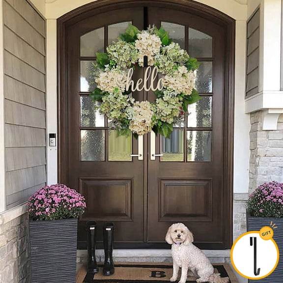 15.75 Inch Spring Summer Wreath with 15" Wreath Hanger Hook for Front Door Outside, Large Floral Flowers Wreath with White Hydrangea for All Seasons Indoor Outdoor Home Decor