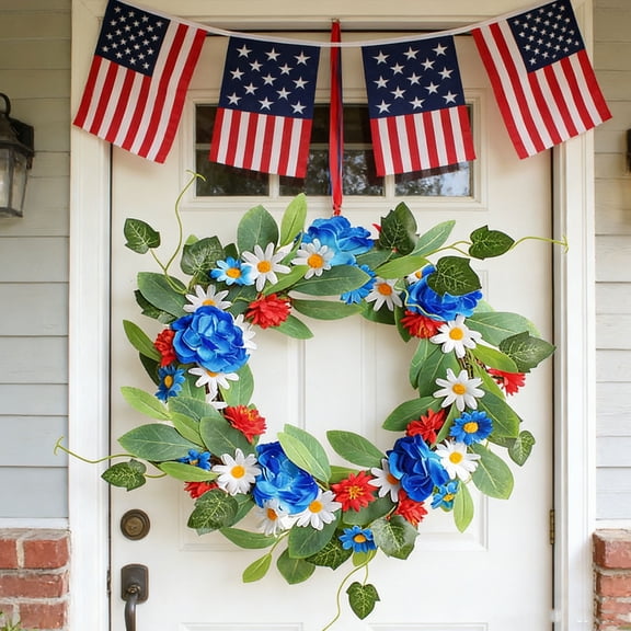 15.75 Inch Spring Summer Wreath for Front Door, Patriotic American Wreath with Daisy Flowers and Leaves, Artificial Flowers Wreath for Wall Window Farmhouse Party Holiday Decor