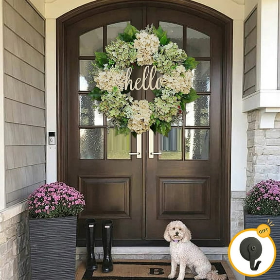 15.75 Inch Spring Summer Wreath with Magnetic Wreath Hanger Hook for Front Door Outside, Large Floral Flowers Wreath with White Hydrangea for All Seasons Indoor Outdoor Home Decor