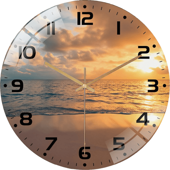15.75 Inch Sunset on The Beach with Sea View Silent Wall Clock, Round Glass Wall Clock, Suitable for Living Room Bedroom, Room Decoration(Battery Not Included), 40cm