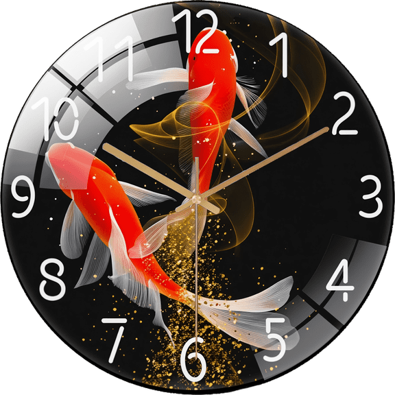 15.75 Inch Tempered Glass Wall Clock, Red Koi Swimming Pattern Design Wall Clock, Silent Clock, Suitable for Home Decoration (Battery Not Included), 40cm Style 40x40cm(15.75x15.75cm)