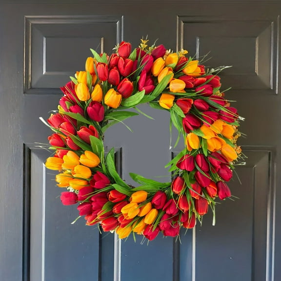 15.75 Inch Tulip Wreath for Front Door, Artificial Pink Flower Wreath with Green Leaves, for Spring, Summer, Wedding, and Easter Decor