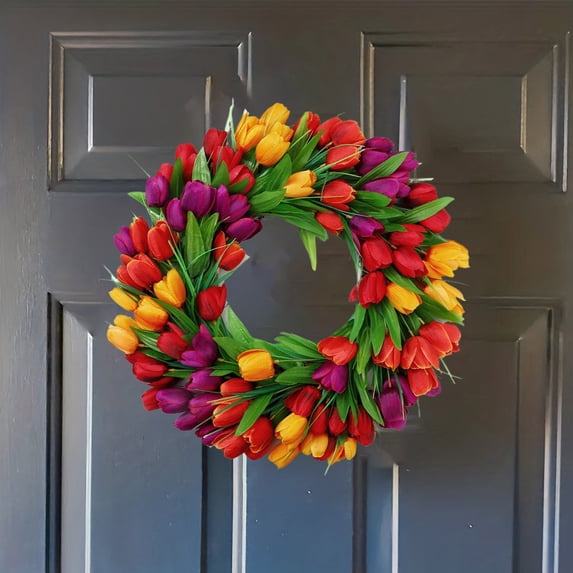 15.75 Inch Tulip Wreath for Front Door, Artificial Pink Flower Wreath with Green Leaves, for Spring, Summer, Wedding, and Easter Decor