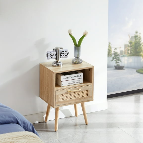 15.75" Modern Rattan End Table with Drawer, Natural Finish