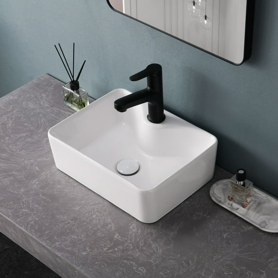 15.75" Modern White Rectangular Smooth Ceramic Bathroom Basin Sink With Pop-up Drainer