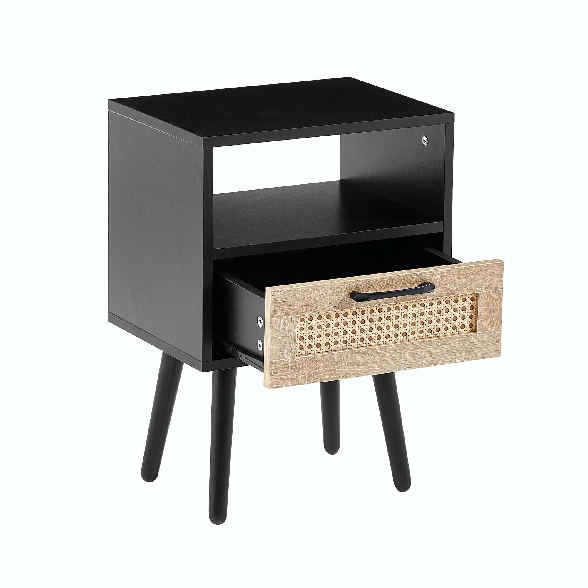 Black MDF Nightstand with Rattan Drawer and Solid Wood Legs