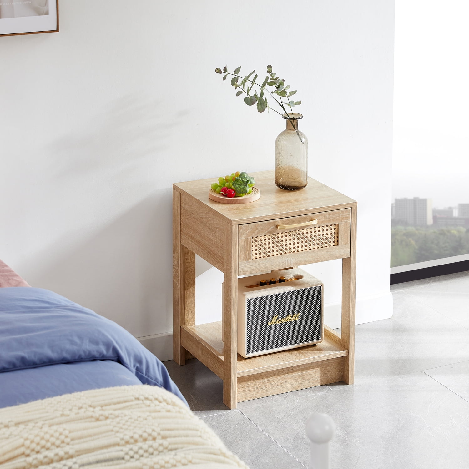 15.75" Rattan End Table With Drawer, Modern Side Table for Living Room and Bedroom