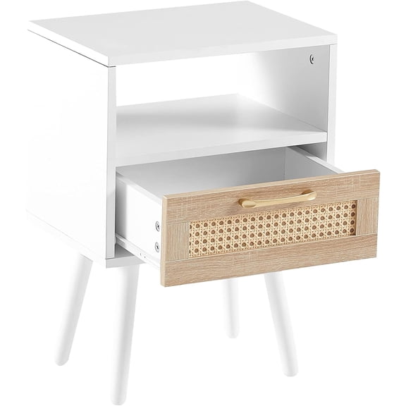 15.75" Rattan End Table with Drawer and Solid Wood Legs, Modern nightstand, Side Table for Living Room, Bedroom (Basics Model, White)