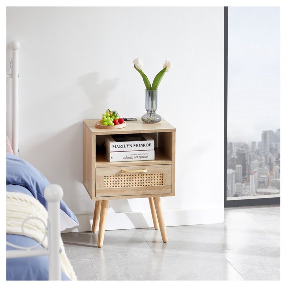 15.75" Rattan End table with Power Outlet & USB Ports , Modern nightstand with drawer and solid wood legs, side table for living room, bedroom,natural
