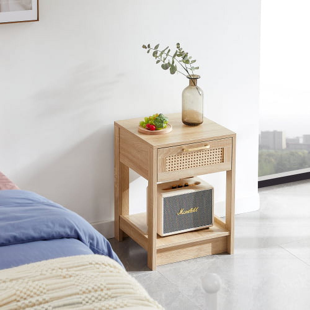 15.75"Rattan Nightstand, Bedside Table with 1 Drawer and 1 Open Shelf, Modern End Side Table for Living Room, Bedroom, Natural