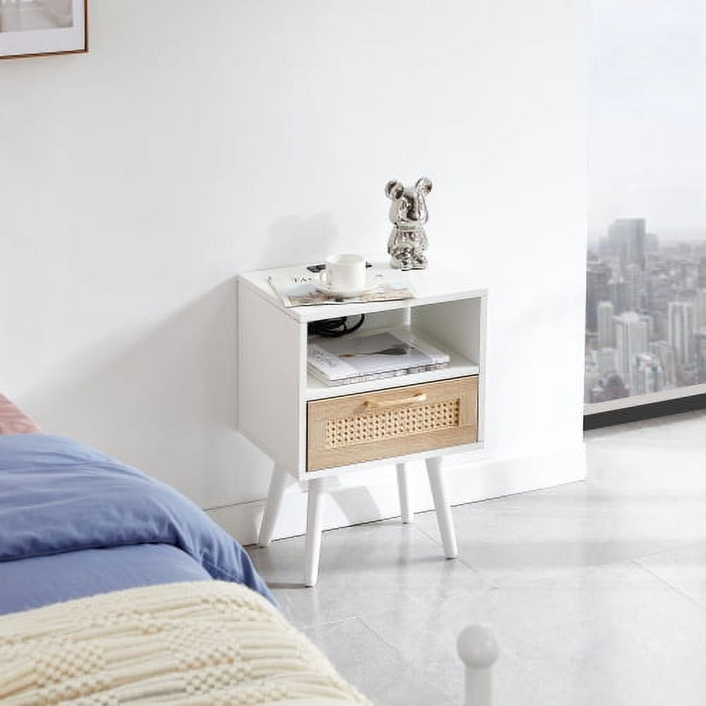 15.75" Rattan Nightstand, Modern Bedside Table with Power Outlet and USB Ports, End Side Table with Drawer and Solid Wood Legs for Living Room, Bedroom, White