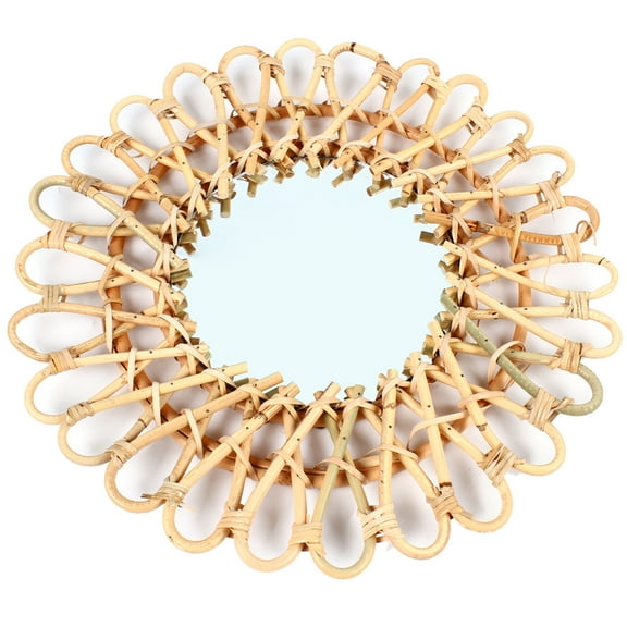 15.75" Round Rattan Wall Mirror, Natural Flower Shaped Vanity Mirror for Bathroom Bedroom Decor