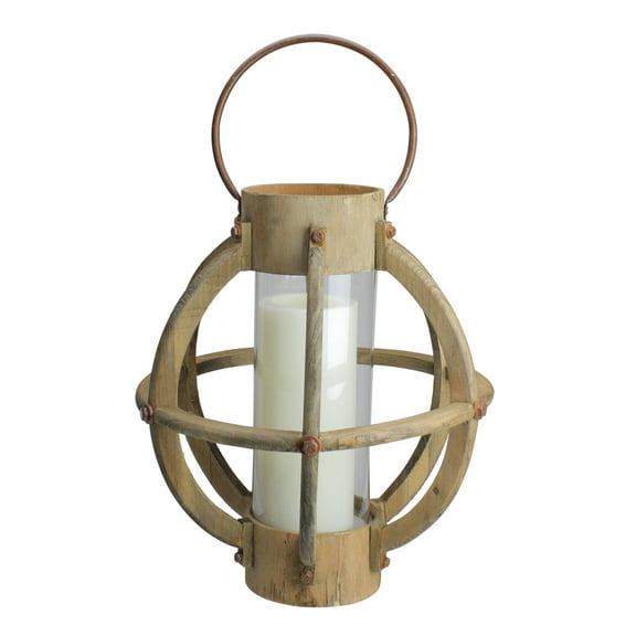 15.75" Seaside Treasures Rustic Chic Drift Wood and Glass Hurricane Pillar Candle Lantern