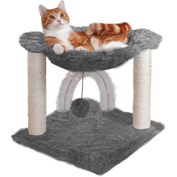 15.75" Tall Playground for Indoor Cats, Ft. Sisal Scratching Posts, Self-Grooming Brush, & Toy - Tiger Tough Hammock Interactive Playground - Silver, One Size