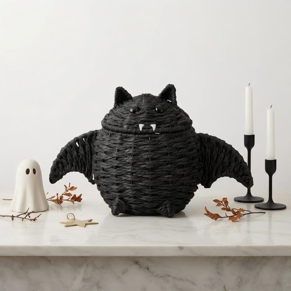 15.75" Woven Halloween Bat Storage Basket with Lid, Cute Black Rattan Decorative Candy Bowl, Rustic Spooky Rope Woven Organizer for Home Desk Holiday Decor