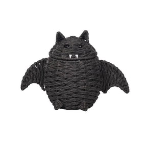15.75" Woven Halloween Bat Storage Basket with Lid, Cute Black Rattan Decorative Candy Bowl, Rustic Spooky Rope Woven Organizer for Home Desk Holiday Decor