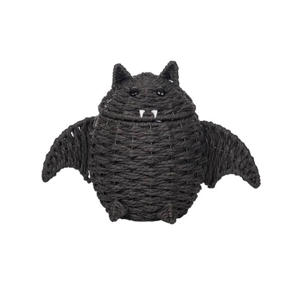 15.75" Woven Halloween Dark Bat Storage Basket with Lid, Gothic Rattan Decorative Candy Bowl, Unique Spooky Rope Woven Organizer for Home Desk Holiday Decor & Novelty Gift