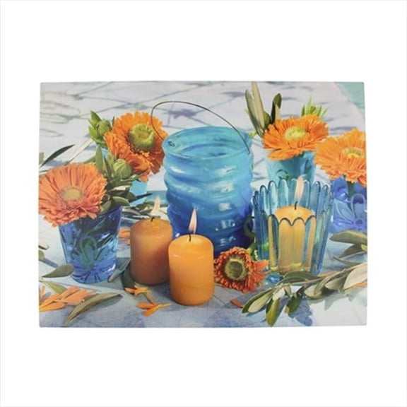 15.75 in. Battery Operated 3 LED Lighted Candle And Flower Scene Canvas Wall Hanging