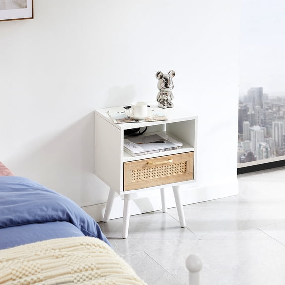 15.75-inch Rectangle, White - Rattan Woven with USB Charging - Living Room, Bedroom, Office Use - Sturdy, Easy to Clean and Assemble