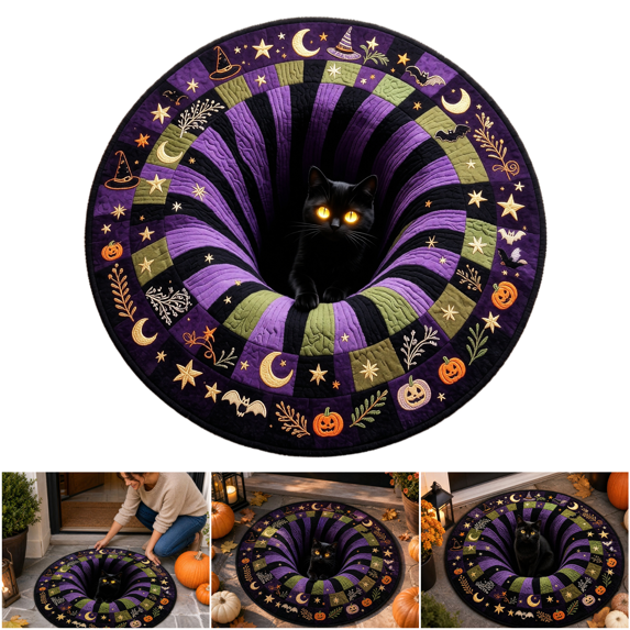 15.75 x 15.75 Inch Round Halloween Doormat 3D Optical Illusion Spiral Hole Rug Moon Star Witch Hat Print for Indoor Garden Entryway Decoration (Purple,S)