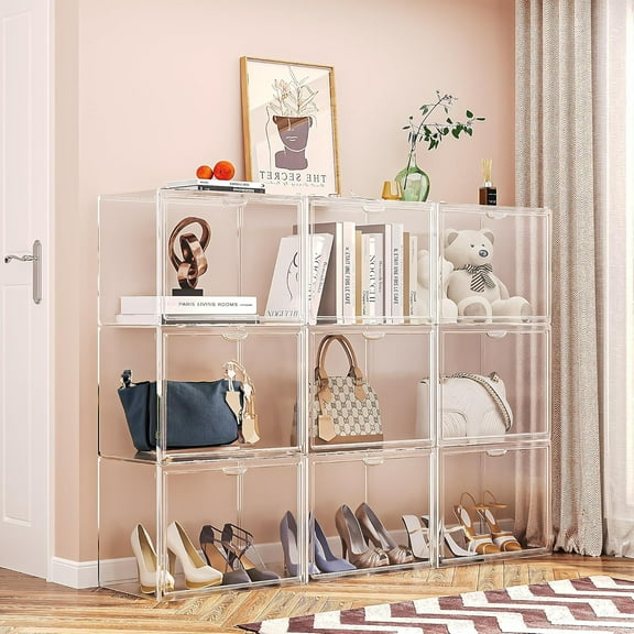 15.75''x11.''x9.84'' XX-Large Clear Shoe Storage Boxes with Divider, Stackable Plastic Boot Boxes with Magnetic Door, Acrylic Display Case Box with Lids for Sneaker Purses Handbags Books (3)