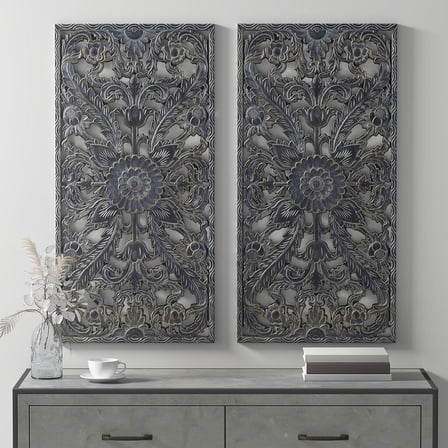 15.75"x31.5" Antique Blue Carved Wood Wall Art Set, 2-Piece Distressed Botanical Panel Decor