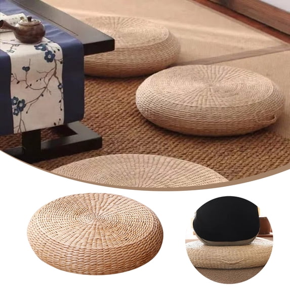 15.75Inch Natural Woven Round Floor Cushion Handmade Cattail Straw Meditation Pillow Thick Boho Floor Seat for Yoga Zen Tea Garden Living Room Use