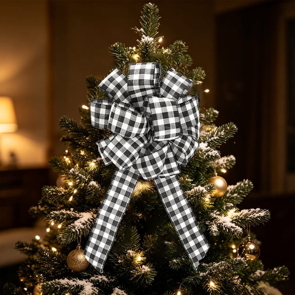 15.75in Buffalo Plaid Burlap Christmas Tree Topper Bow,Rustic Red Black Checkered Xmas Tree Top Bow Ornament,Farmhouse Style Decorative Bow for Holiday Home Indoor Party Christmas Tree Decoration