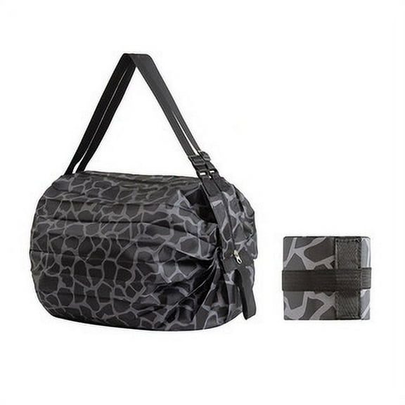 15.75inch Foldable Shopping Bag with Shoulder Strap, Large Reusable Grocery Bag, Collapsible to 3.35in, 100g Lightweight for Travel/Picnic/Eco-Friendly,Black leopard print